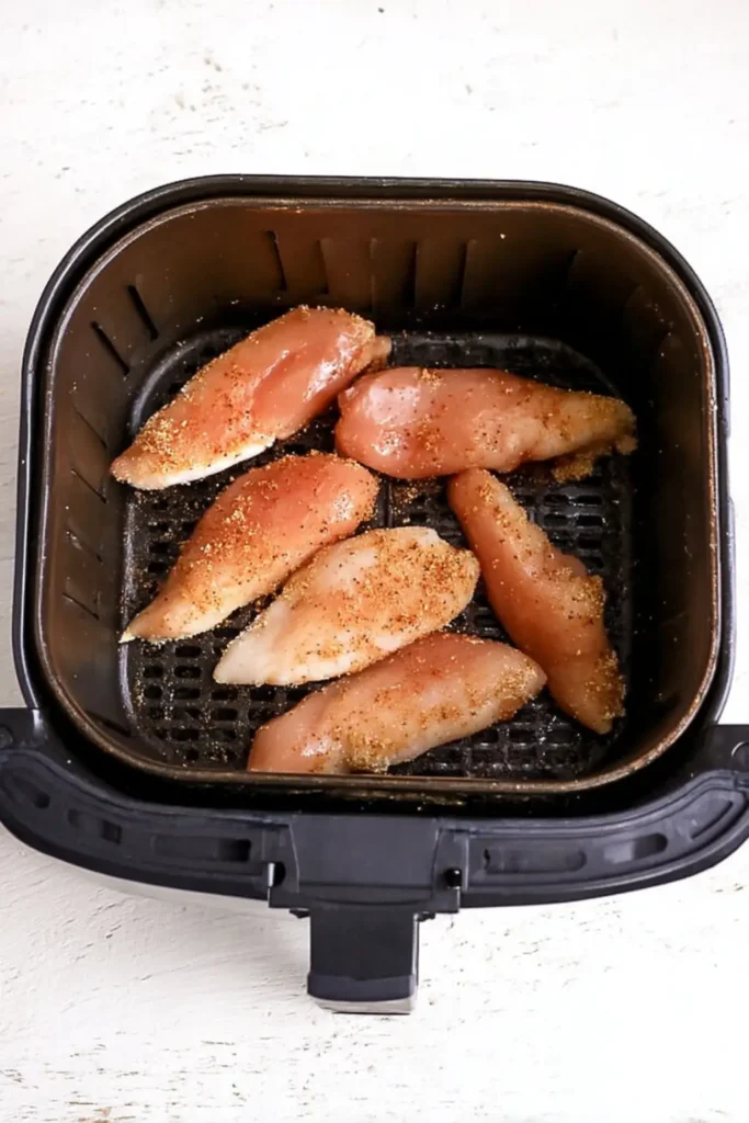 Air Fryer Chicken Tenders Frozen 2 black air fryer basket with chicken inside