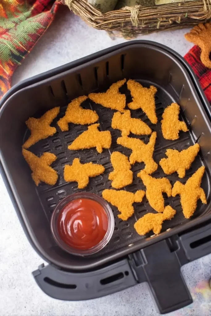 Air Fryer Dino Nuggets 3 Frozen air fryer dino nuggets arranged in a single layer with ketchup dipping sauce