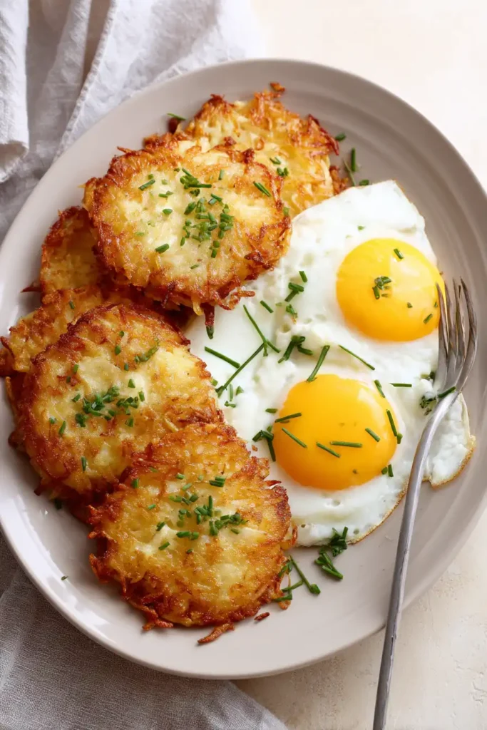 Air Fryer Hash Browns 4 Air fryer hash browns served with eggs on breakfast plate