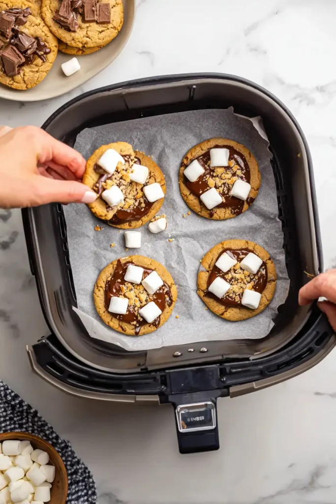 Air Fryer S'mores Cookies 3 Assembling air fryer s'mores cookies in air fryer basket step by step