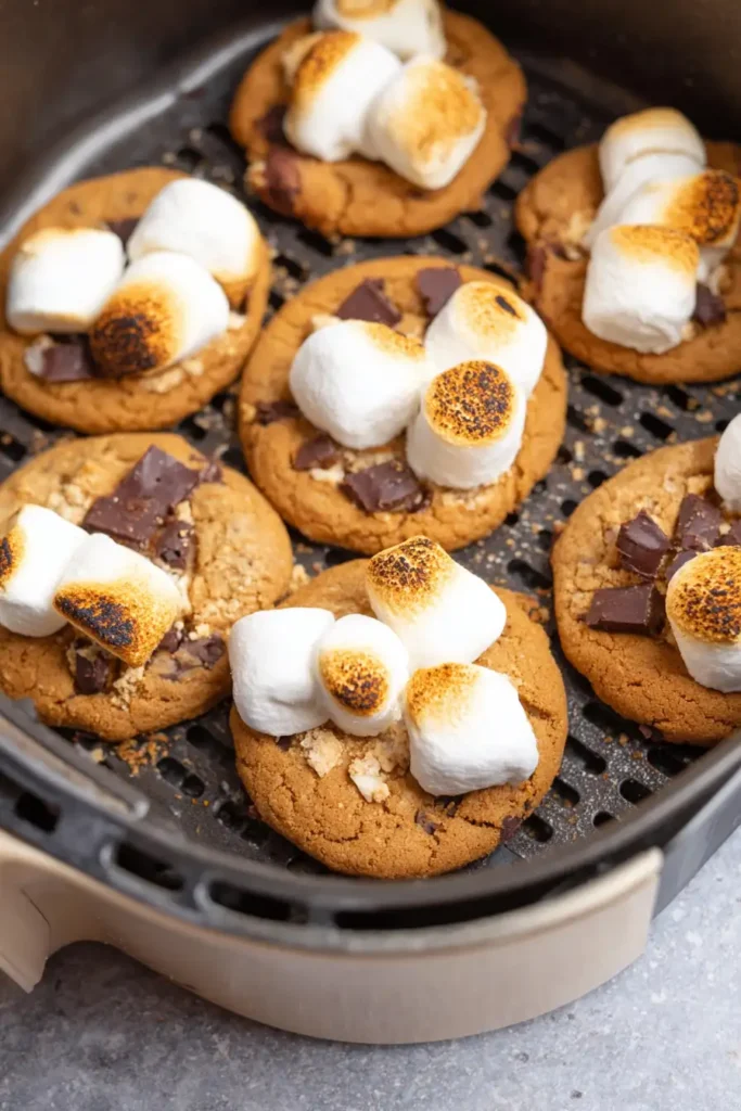 Air Fryer S'mores Cookies 4 Air fryer s'mores cookies cooking in air fryer with golden marshmallows