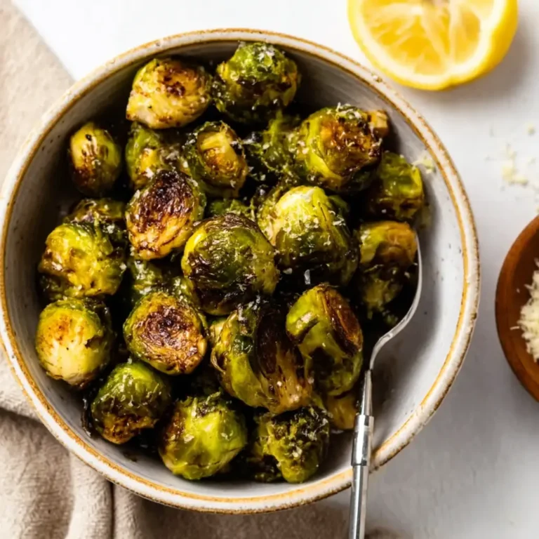 Brussel sprouts in a bowl with a spoon next to parmesan and lemon.