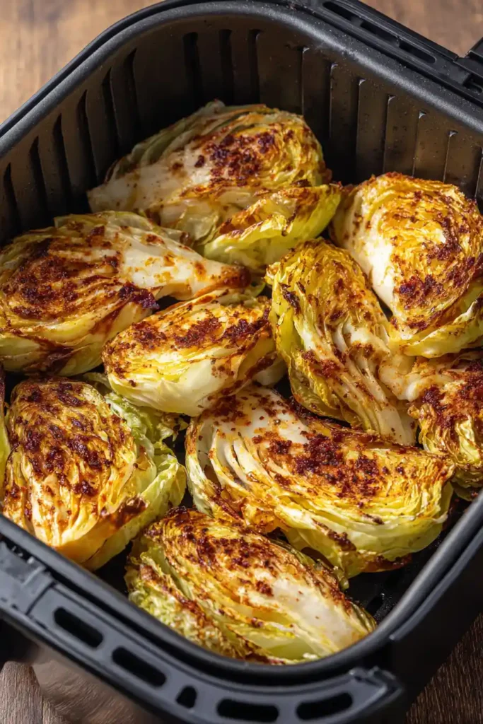 Air Fryer Cabbage 3 Cabbage cooking in air fryer basket