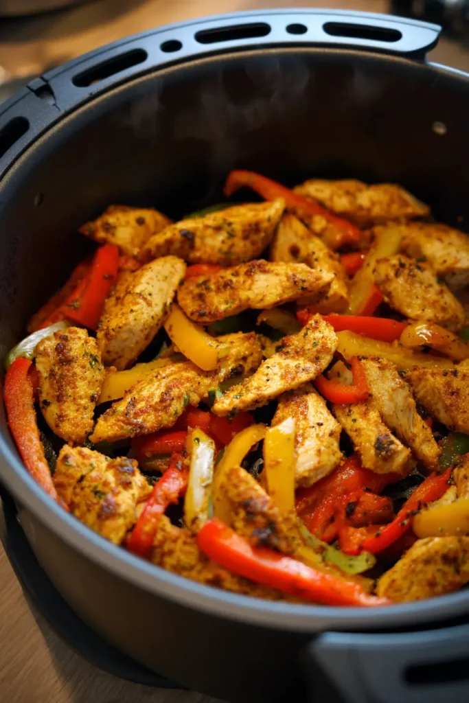 Air Fryer Chicken Fajitas 3 Chicken fajitas cooking in air fryer basket