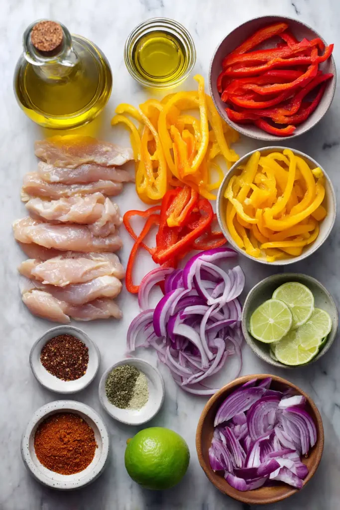 Air Fryer Chicken Fajitas 2 Fresh ingredients for air fryer chicken fajitas including chicken strips, bell peppers, and spices