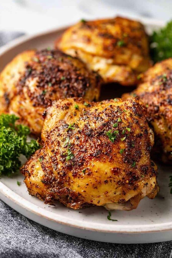 Air fryer chicken thighs served with side dishes
