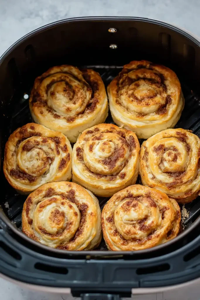 Air Fryer Cinnamon Rolls 3 Cinnamon rolls arranged in air fryer basket proper spacing