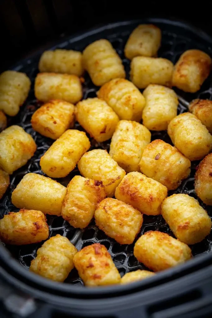 Air Fryer Gnocchi Chips 3 Gnocchi cooking in air fryer basket golden brown crispy