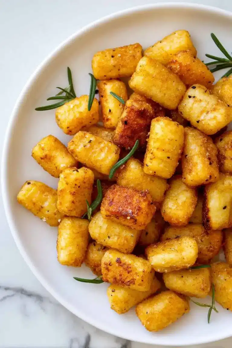 Air fryer gnocchi chips golden crispy on white plate