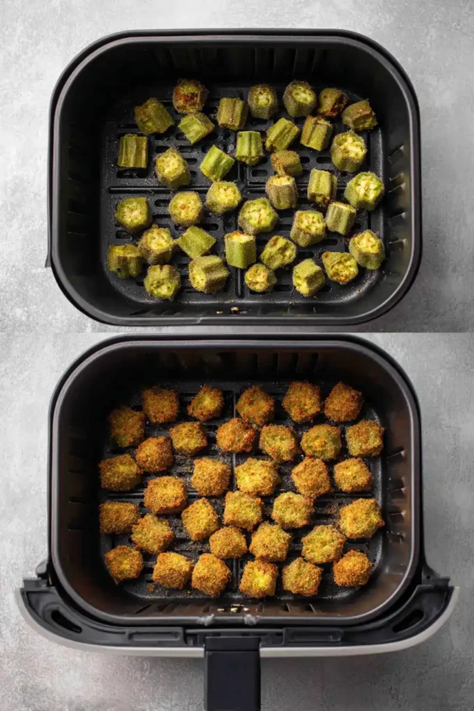Before and after air frying frozen okra cooking process