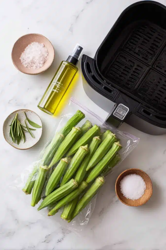 Air fryer frozen okra ingredients and equipment setup