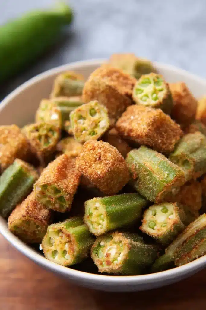 Air fryer frozen okra served with dipping sauces