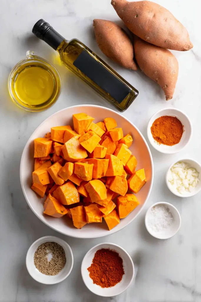 Air Fryer Sweet Potato Cubes 2 Air fryer sweet potato cubes ingredients layout kitchen counter