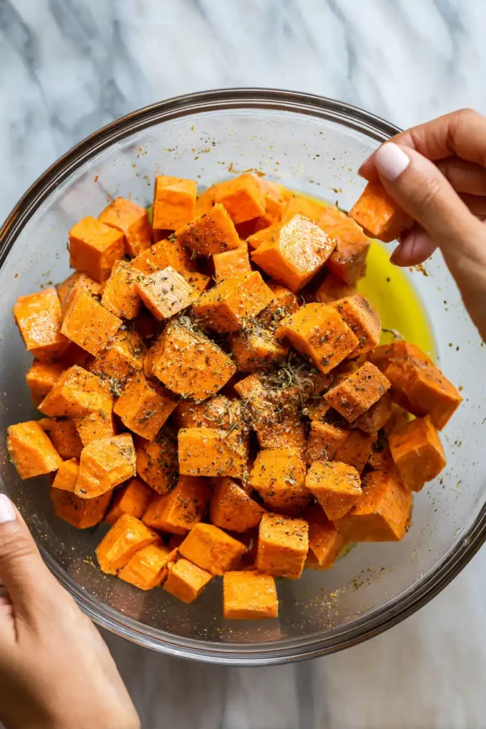 Air Fryer Sweet Potato Cubes 3 Air fryer sweet potato cubes preparation seasoning process step
