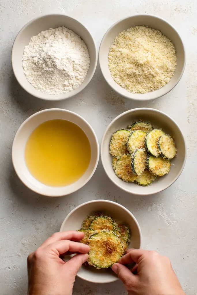 Air Fryer Zucchini Chips 3 Air fryer zucchini chips coating process with flour egg and breadcrumb stations