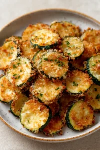 Air fryer zucchini chips golden brown and crispy on white plate