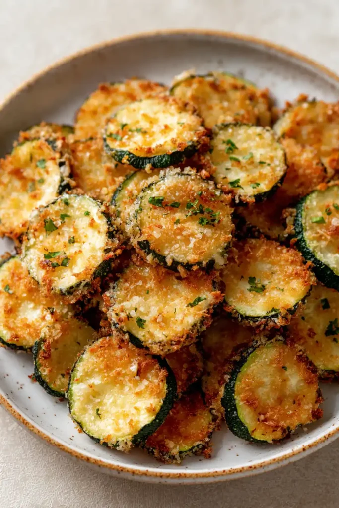 Air fryer zucchini chips golden brown and crispy on white plate