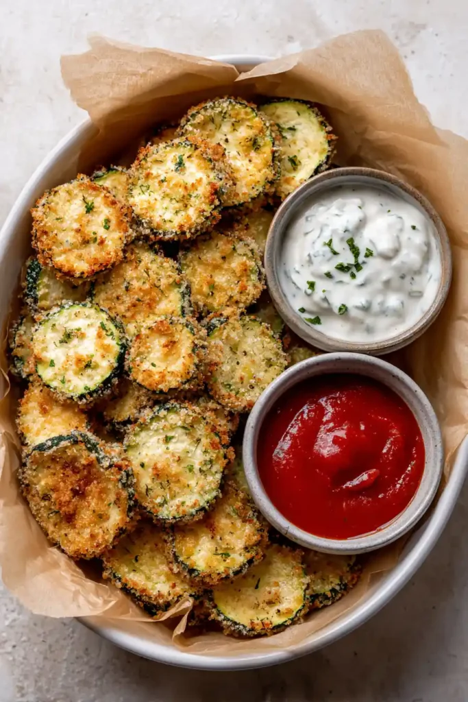 Air Fryer Zucchini Chips 4 Air fryer zucchini chips served with ranch marinara and tzatziki dipping sauces