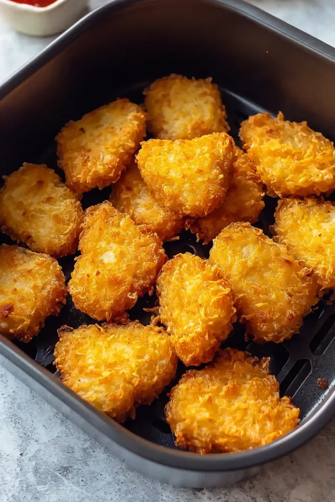 Canned Chicken Nuggets 3 Canned chicken nuggets cooking in air fryer basket until golden brown