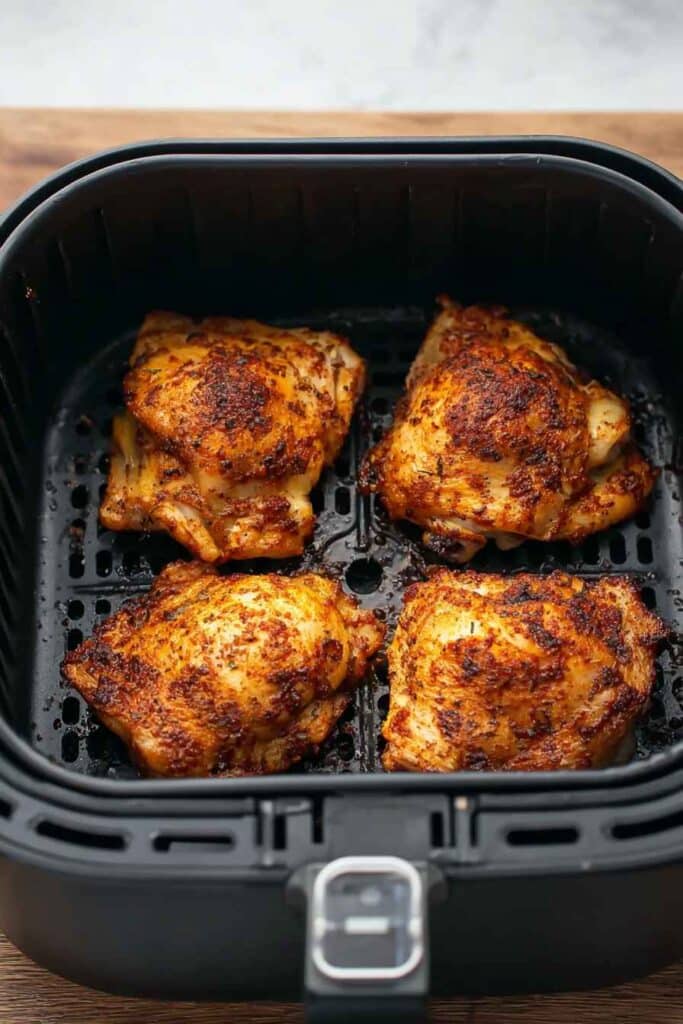 Chicken thighs cooking in air fryer basket