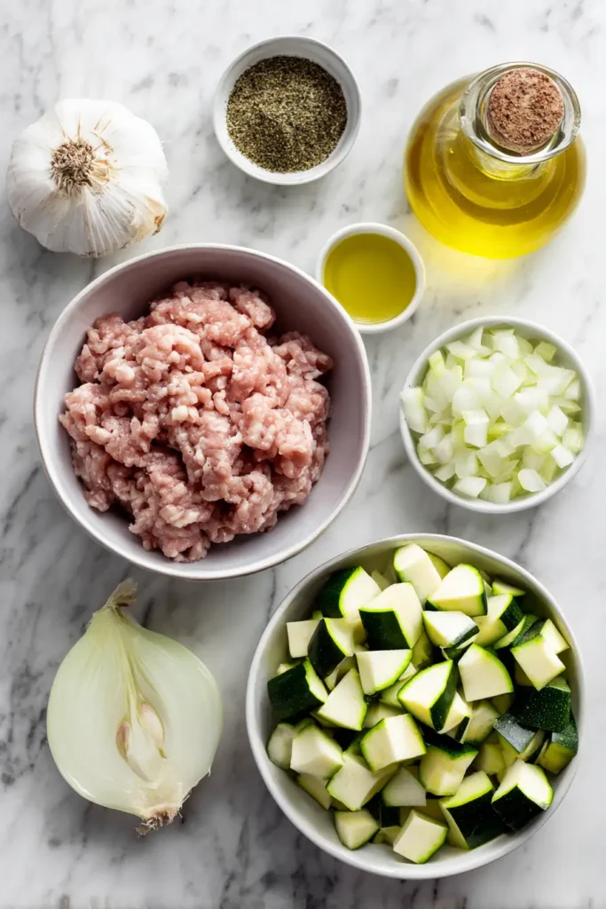 Ground Turkey Zucchini Skillet 2 Fresh ingredients for ground turkey zucchini skillet including turkey, zucchini, onions and seasonings