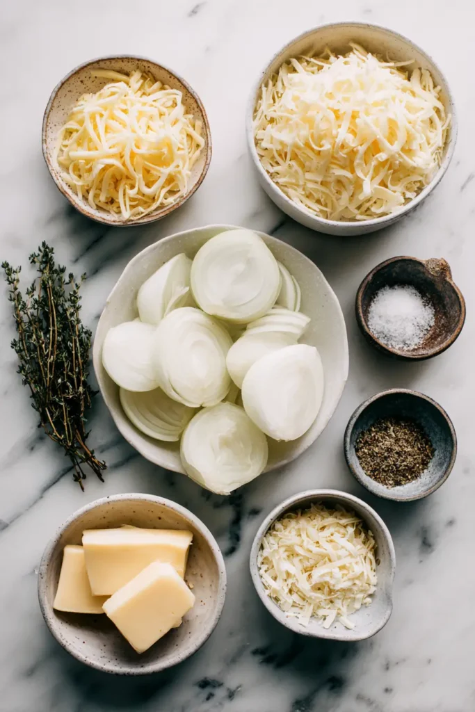 Tennessee Onions Recipe 2 Tennessee onions ingredients layout with Vidalia onions and cheese